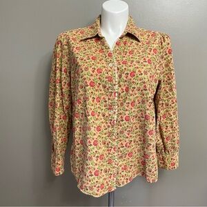BASIC EDITIONS 1X Vintage Yellow Floral Corduroy Long Sleeve Shirt Cottagecore